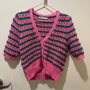 Zara pink and green crochet knit cardigan